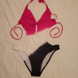 OP one piece, backless swimwear, pink & white & blue, size large NWT